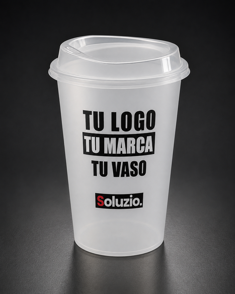 Vaso frosted de 500 ml con tapa y ejemplo genérico de personalización